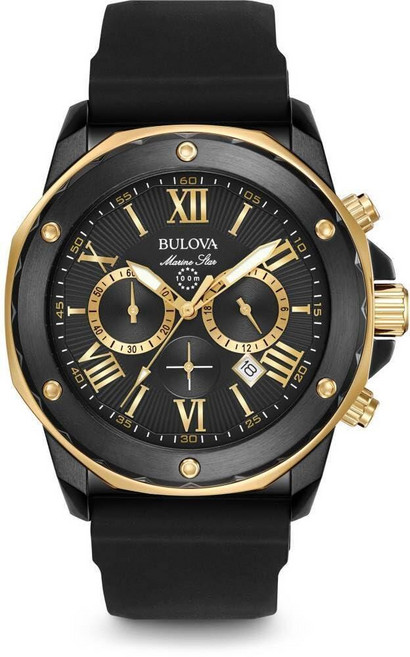 Bulova 남성용 마린 스타 시리즈 A 블랙 앤 로즈 골드 이온 도금 스테인리스 스틸 6핸드 크로노그래프 쿼츠 시계 실리콘 스트랩 스타일: 98B278 IP/골드 톤