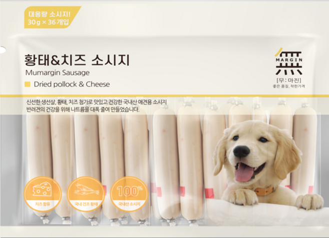 바우와우 무마진 국내산 대용량 강아지간식 영양가득 황태 소시지 36p, 황태&치즈소시지, 1개