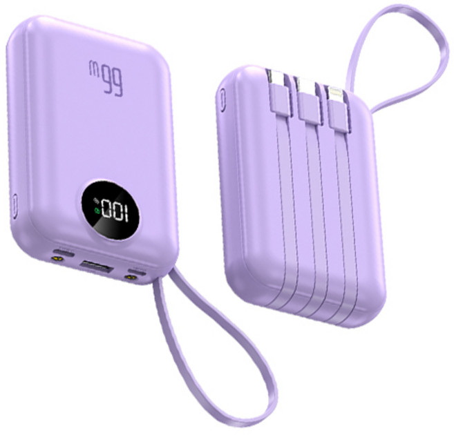 테크이지 66W 고속 충전 LED 손전등 미니 휴대용 4케이블 보조배터리 20000hAm 대용량, 퍼플