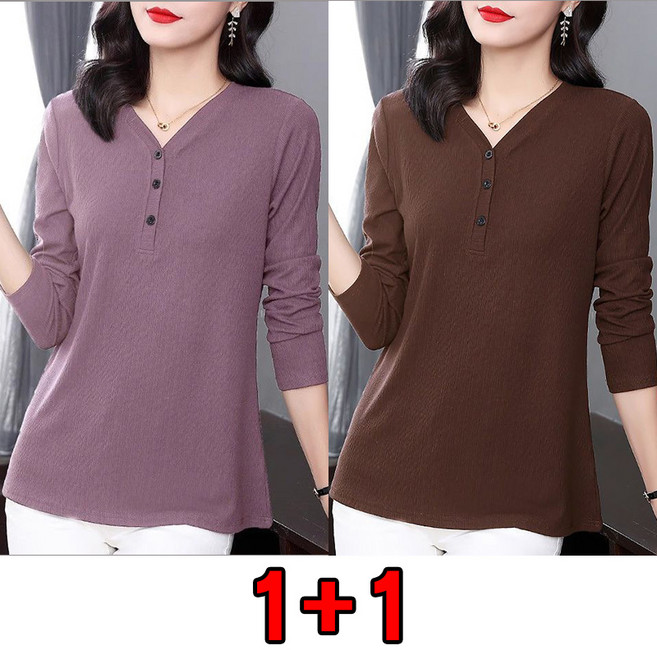 1+1 중년 여성 긴팔 티셔츠 봄가을 루즈핏 빅사이즈 엄마 티셔츠 캐주얼 브이넥 이너 상의 LJX
