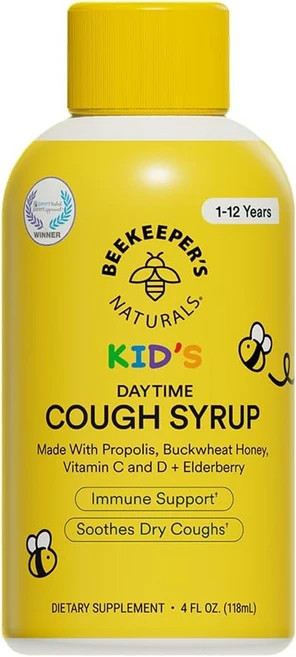 비키퍼스 내추럴스 Beekeepers Naturals 키즈 프로폴리스 목 시럽 데이타임 118ml, 어린이용 아침 기침시럽, 1 - 쿠팡