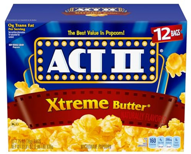 ACT II 익스트림 버터 전자레인지 팝콘 12개입 936그램 ACT II 익스트림 버터 전자레인지 팝콘 12개입 936그램, 1개, 77g