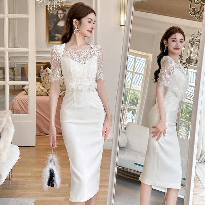 【名媛方領】連衣裙 禮服裙 蕾絲連衣裙 收腰連衣裙 修身連衣裙 白色連衣裙 夏季新款 拼接收腰設計 宴會派對 氣質優雅, 白色