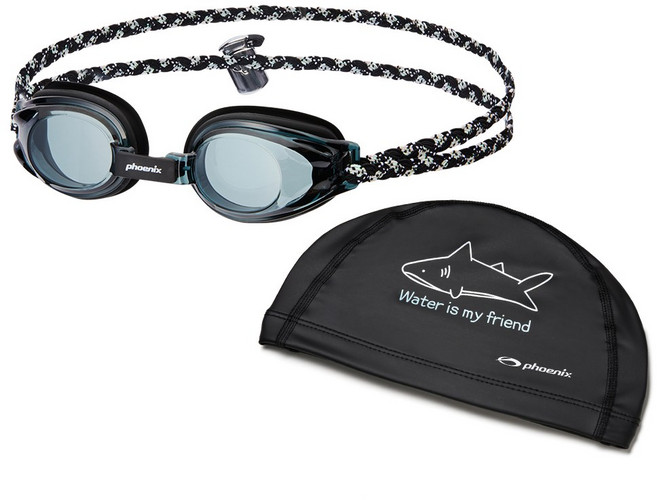 피닉스 아동 노미러 패브릭수경 PN 505J FB + 우레탄아동수모 SET, PN 505J FB_블랙+우레탄수모_상어고래 블랙, 1개
