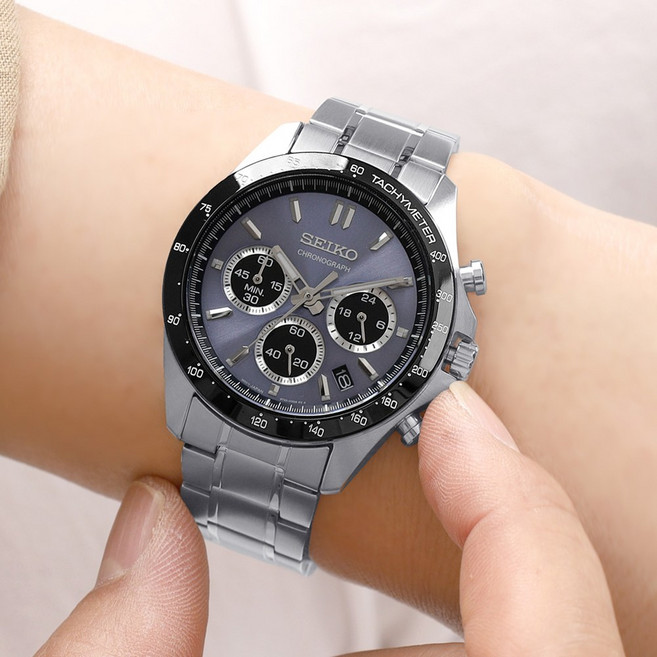 세이코 남성용 크로노그래프 블루그레이 메탈 손목시계