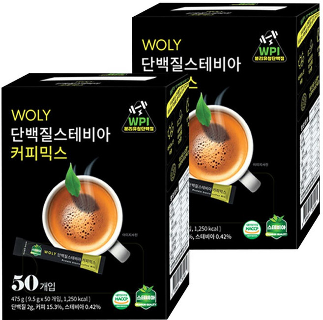 욜리 WOLY 단백질 스테비아 커피믹스 분리유청단백질, 2개, 50개입, 9.5g