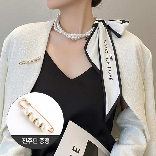 [MSMULTIVERSE] 하이 엔드 장식 진주 미니 스카프 여성 쁘티 실크 목걸이 리본 연출 코디 아이템