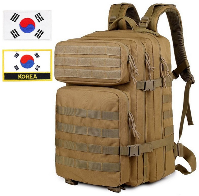 대용량 45L 등산백팩 밀리터리 가방 태극기 패치 2종 증정, 브라운