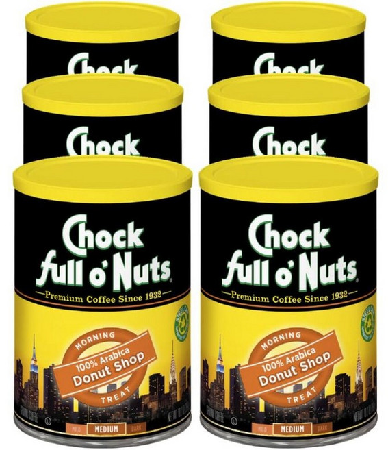Chock Full o'Nuts 헤이즐넛 향 그라운드 커피 297.7g/10온스 캔 프리미엄 커피콩 162257, 10.2 Ounce (Pack of 6), 도넛 샵