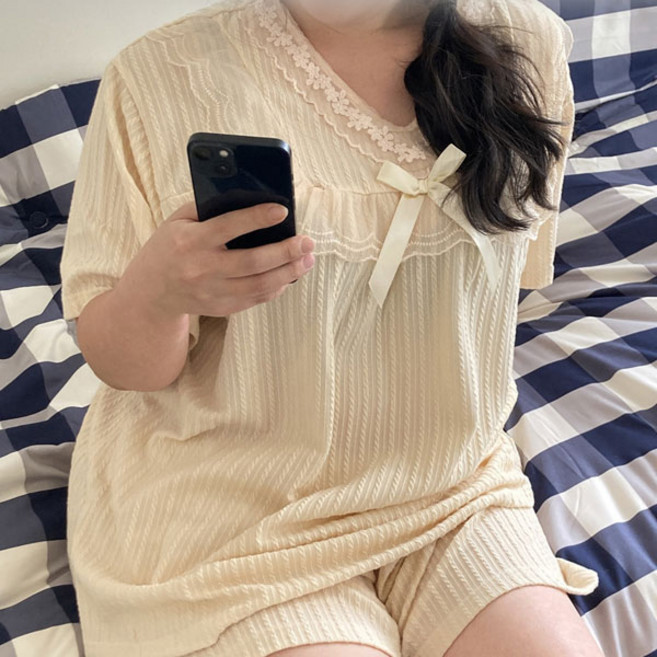 [3size/44-99] 빅사이즈 통통녀 반팔+반바지 집순이 부들 여름 파자마 잠옷 / 프릴홈웨어빅사이즈레이스파자마잠옷세트SM