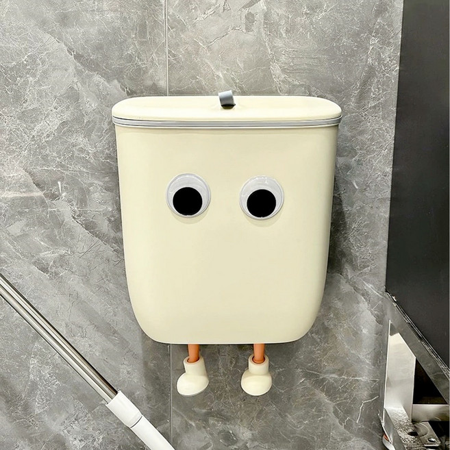 벽부착형& 걸이형 겸용 슬라이딩 2중 오픈 쓰레기통 휴지통 냄새차단 쓰레기통(눈알과 다리 포함), 버터