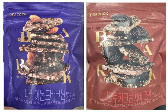 피코크 다크아몬드 바크씬 200g + 다크쿠키크런치 바크씬 200g 각 1개씩, 1세트, 400g