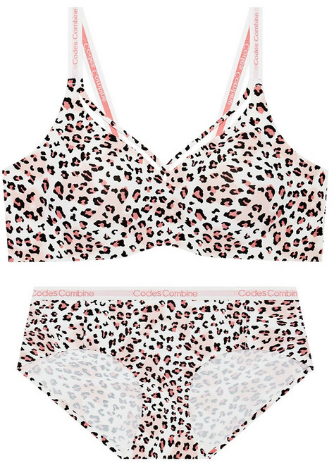 핑크 레오파드 스트랩 볼륨 심리스 브라 햄팬티 세트