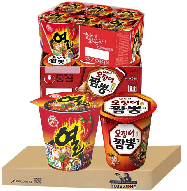 블루존 오징어짬뽕 소컵라면 67g (6입)+열라면 소컵라면 62g (6입)