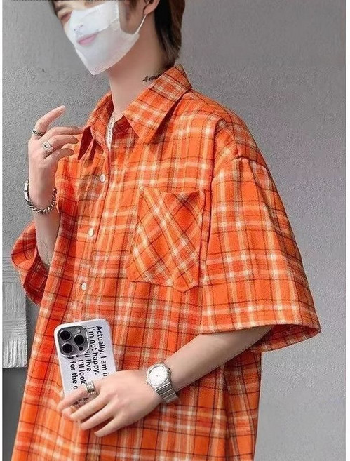 美式復古橙色格紋襯衫 短袖男女情侶款 夏季薄款格子襯衣