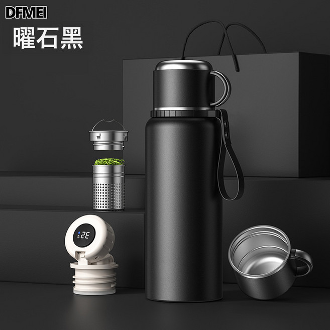 DFMEI 便攜不鏽鋼手提智能全鋼保溫杯大容量禮品加厚水杯男士水壺, 1個, 1L, 手柄升級款-黑色智能:1000ml