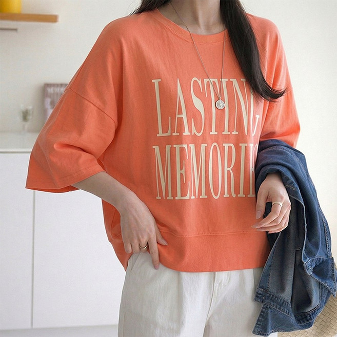 데일리앤 베디 여자 박스티 봄 얇은 7부 면 레터링 오버핏 반팔 티셔츠 여름 가을