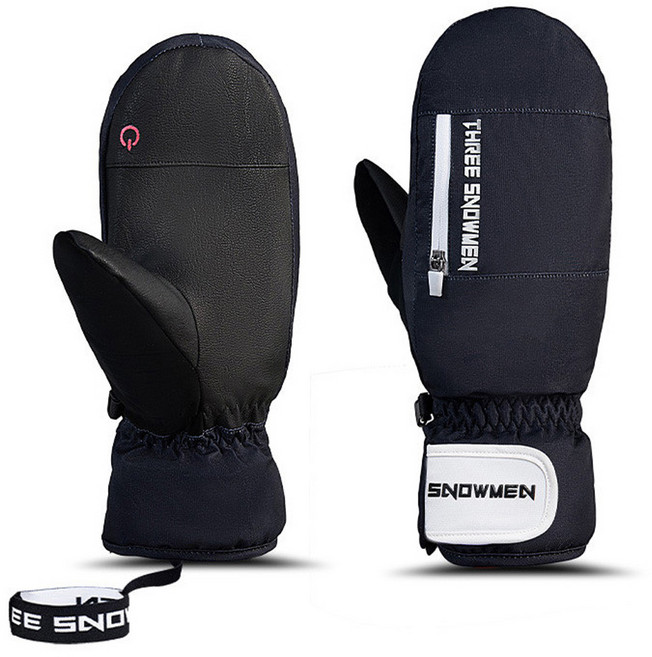 트레벨로 THREE 스노우맨 방한 방수 스키 스노우보드 벙어리장갑, 벙어리 블랙, 1개