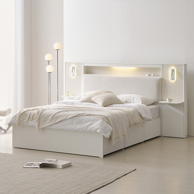웰퍼니쳐 루카 LED 패브릭 헤드 빅수납 호텔식 침대 프레임 Q, 아이보리, 루카 Q