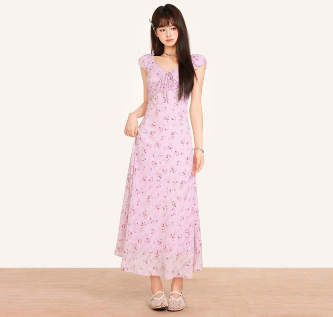 法式黃色碎花連衣裙女新款早春夏季海邊度假風修身顯瘦感裙子, 2XL