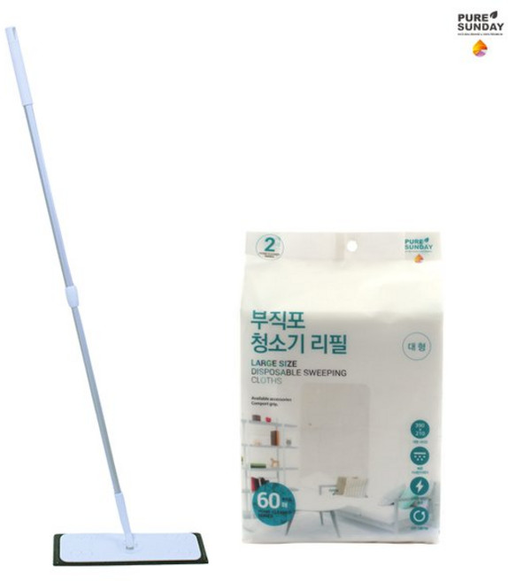 선우랜드 막대걸레 대형 2단청소기+정전기청소포(대) 60매_pp, 선우랜드 막대걸레 대형 2단청소기+정전기청소포(대) 6