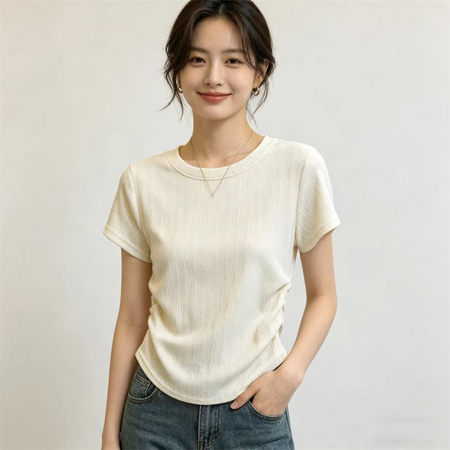 VEZRI 여성 여름 빅사이즈 어시메트리 디자인 반팔 티셔츠 배 커버 슬림핏 아치형