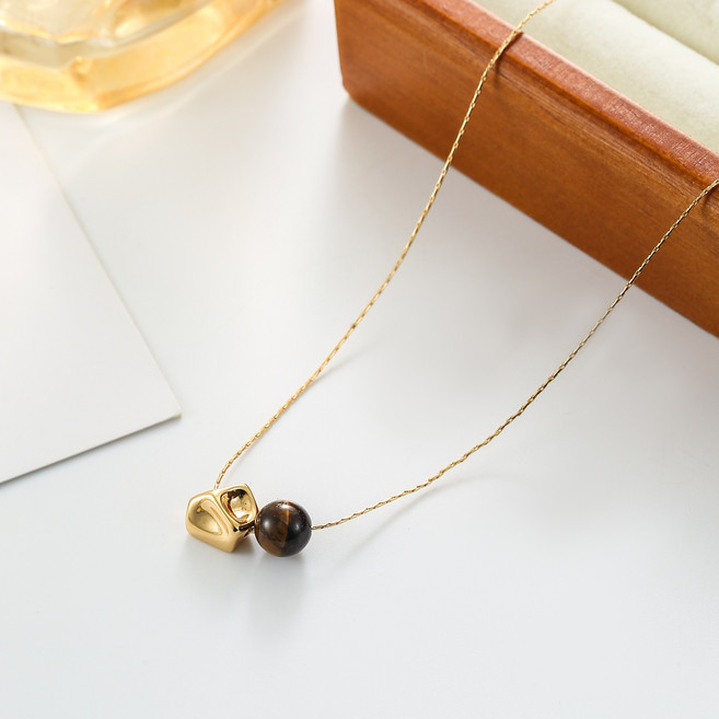 골드 슬림 체인 호아 야자수 스톤 리퀴드 메탈 펜던트 목걸이 미니멀 시크