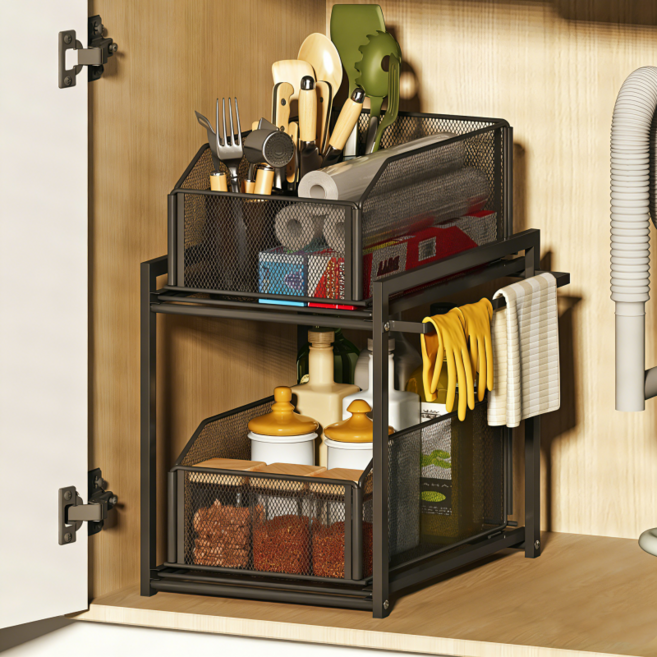 호밍사이 접이식 서랍형 주방 선반 슬라이딩 양념 정리대 씽크대 수납장, 블랙, 1개