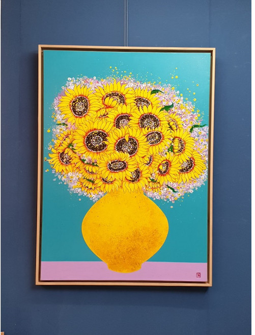 부와 활기를 담은 이장옥 작가원화 - 해바라기 거실 호텔그림액자 풍수인테리어, 황금빛 노란색 푸른색