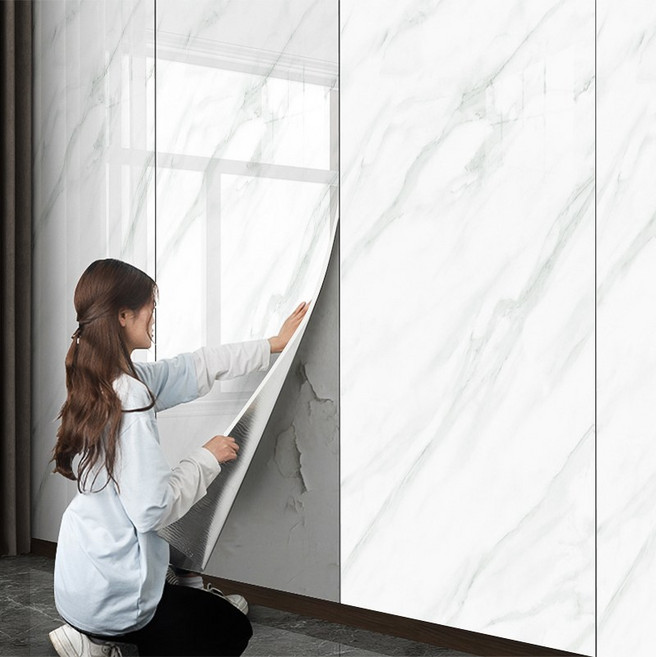 원트두 데코타일 붙이는 타일 시트지 고광택 방수 폼블럭 대리석 벽지 60x300cm 2P, 마블화이트