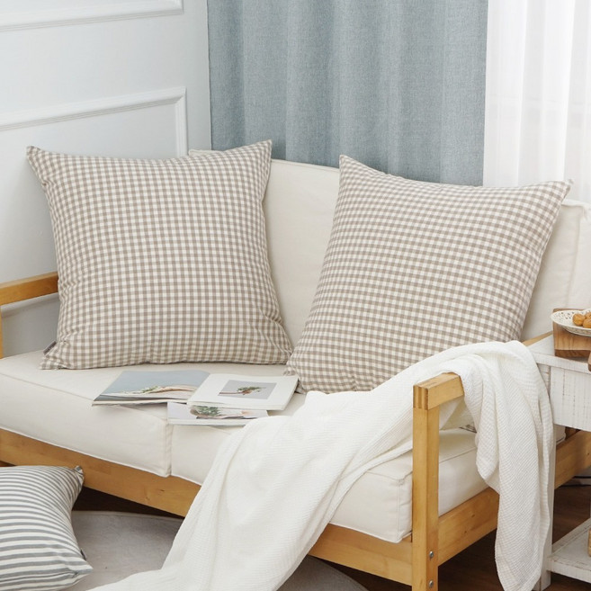 멜란 워싱 면 대형 등받이 쿠션 [솜포함], 브라운_체크