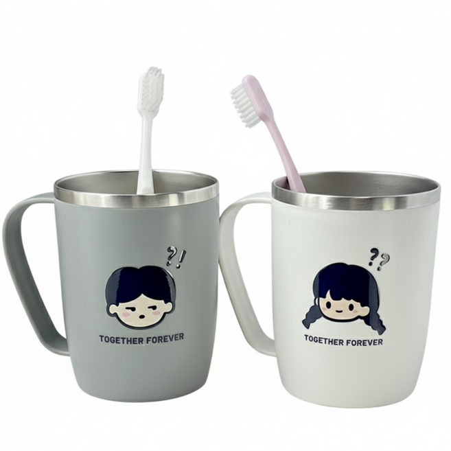 1+1 스텐 귀여운 커플 양치컵 스테인레스 욕실컵, 1세트, 남자화이트,여자화이트