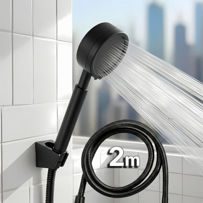 루벤하임 수압상승 호텔식 스테인리스 샤워기 헤드 + 샤워호스 2m, 블랙, 1세트