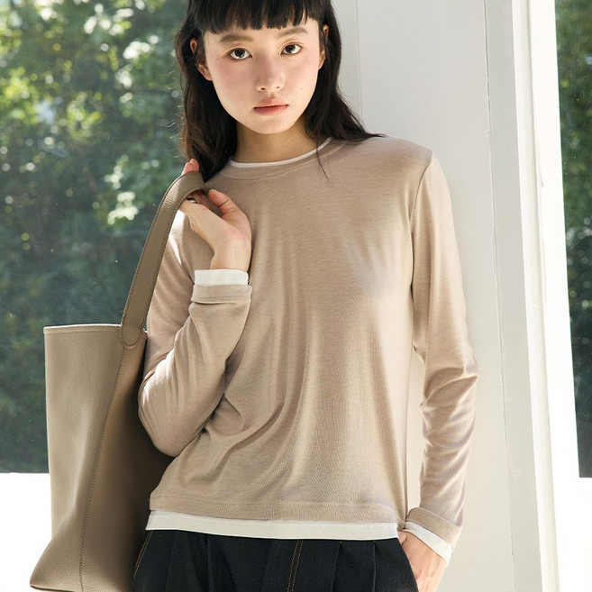 큰귀멍멍 여성 베이직 텐셀 울 레이어드 페이크투피스 라운드넥 긴팔 티셔츠