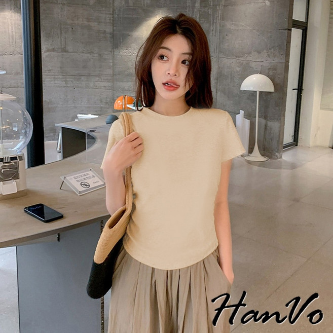 HanVo 側邊抓皺修身百搭純棉上衣 質感簡約甜美純色素T 韓系女裝