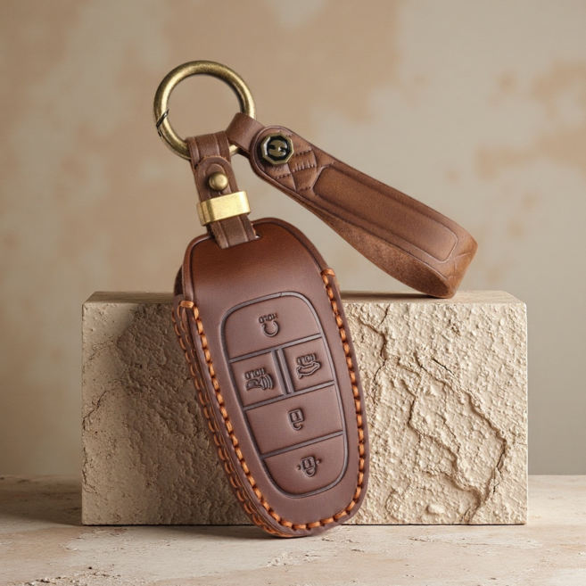 GASUNG 현대 가죽 키케이스 키홀더+ Hyundai차량용 키커버(현대호환 5버튼 7버튼), 레트로 브라운