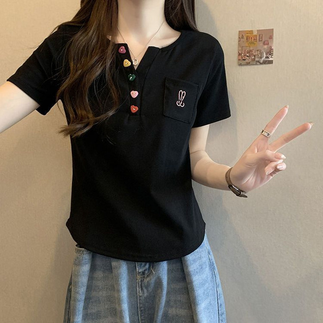 立體裝飾設計感短袖t恤女夏季2026新款女裝修身顯瘦大碼上衣女ins