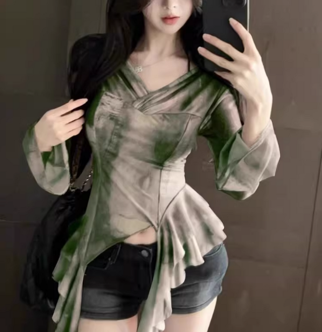 쌍천 프릴 프린트 슬림 티셔츠 블라우스 언밸런스 방송 댄스 아랑 고고 장구 무대공연 난타복 상의 A26020909