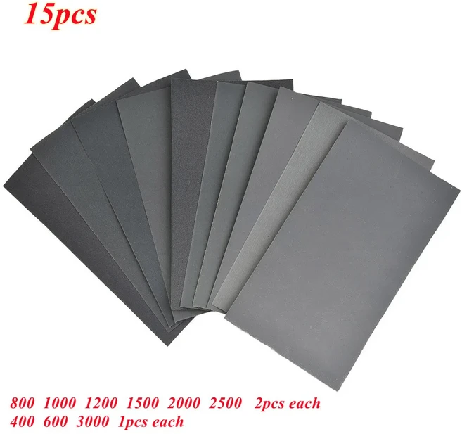 15pcs 사포 실리콘 카바이드 건식 및 습식 연삭 연마 도구 유리 목재 자동차 바디 샌딩 녹 제거, 01 15pcs, 1개