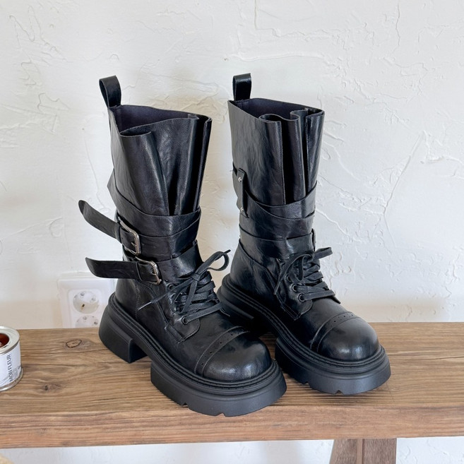 슈뿐 라운드토 더블 벨트 스트랩 발편한 통굽 워커 미들부츠 6cm