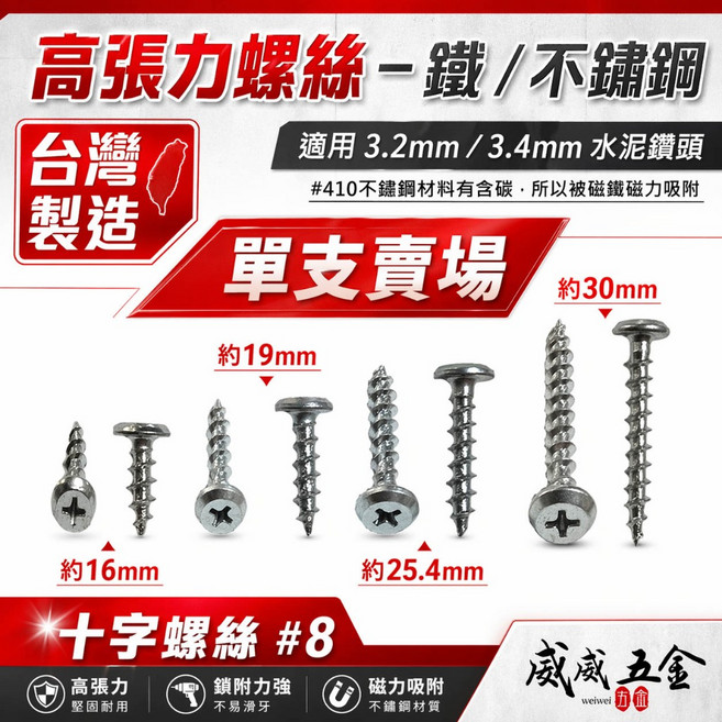 威威五金 十字高張力螺絲 #8 台灣製造 鍍鋅鐵製/#410不鏽鋼 水泥鑽頭適用, 1支