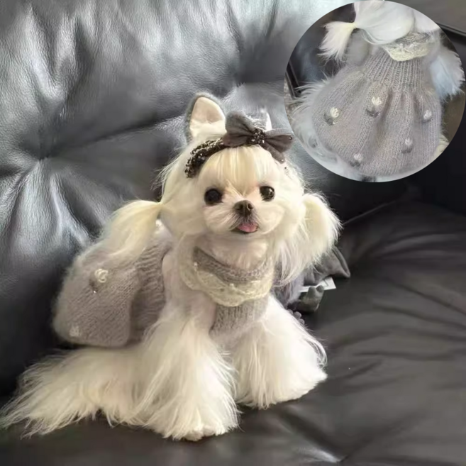 민티아 강아지 니트원피스 꽃, 1개, 회색