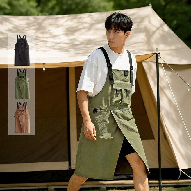 [SUPOPLUS] 타슬란 방수 앞치마 남녀공용 길이조절 트임 공방 캠핑 바리스타 에이프런, 1개, 카키