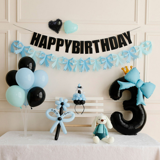 [파티랑]생일 리본가랜드 숫자풍선세트(DIY케익 머리띠 플라워 포함), 1세트, 01-3)생일 리본가랜드 숫자풍선세트 블루 3