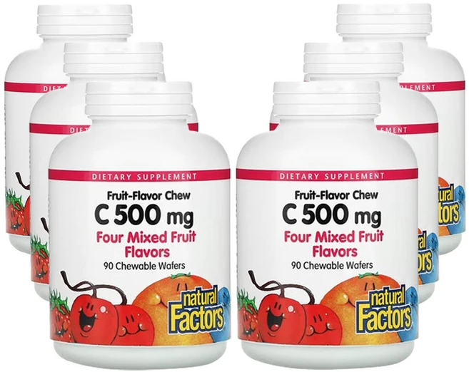 네추럴팩터스 과일 맛 츄 비타민C 4가지 혼합 과일 맛 500mg 츄어블 웨이퍼 90 개, 6개, 90정 - 쿠팡