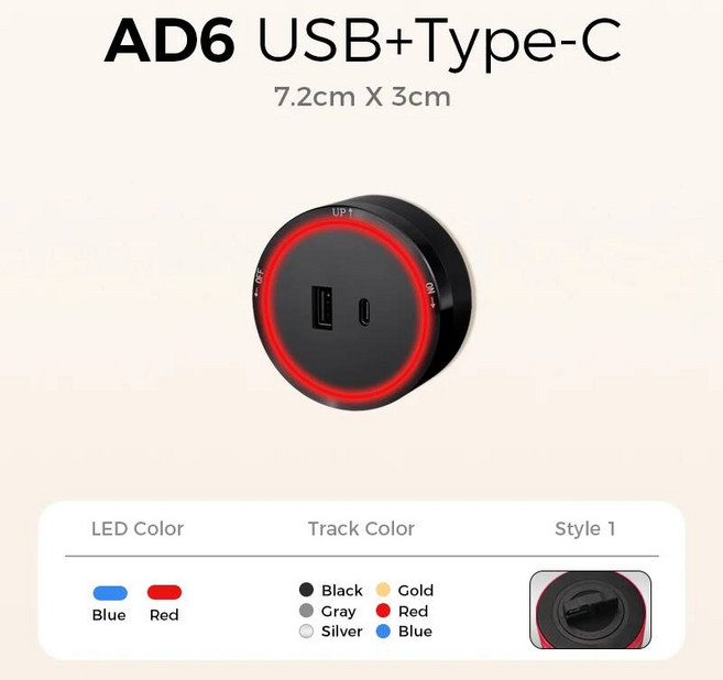 Avoir 고출력 레일 소켓 알루미늄 LED 라운드 트랙 전원 플러그 어댑터 벽걸이 내장형 가전 제품 EU R2 800, 02 Blue light, 03 USB Type C socket-D6, 02 Silver