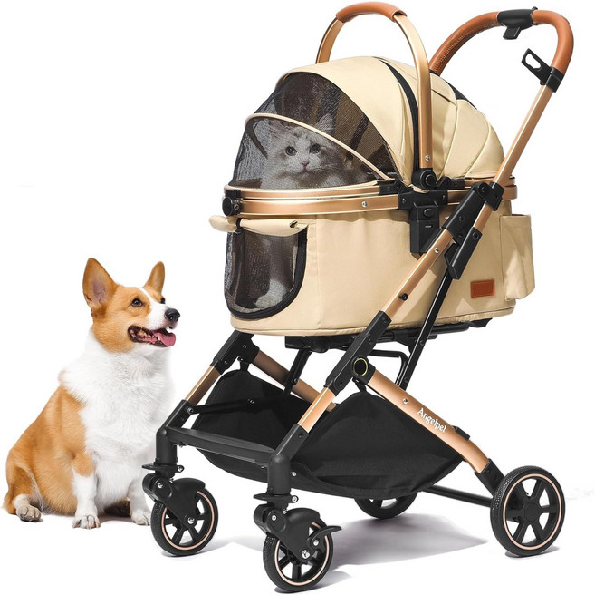 일본 엔젤펫 중형견 강아지 유모차 2마리 개모차 냥모차 바구니 분리형 접이식, 카키, 1개