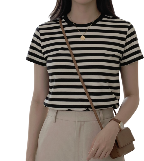 簡約條紋圓領短袖T恤 柔軟親膚 時尚百搭 黑色條紋