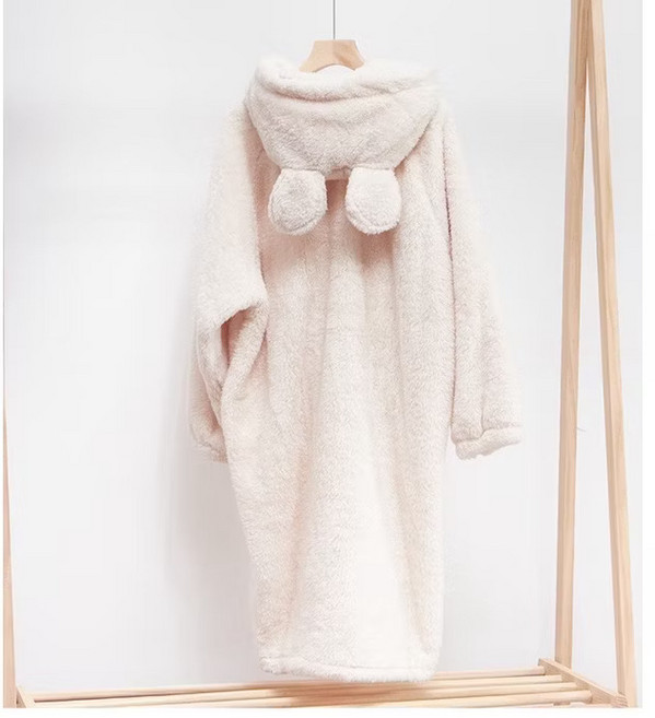 超柔軟小熊連帽珊瑚絨睡袍 可愛耳朵設計 米白色長版居家服