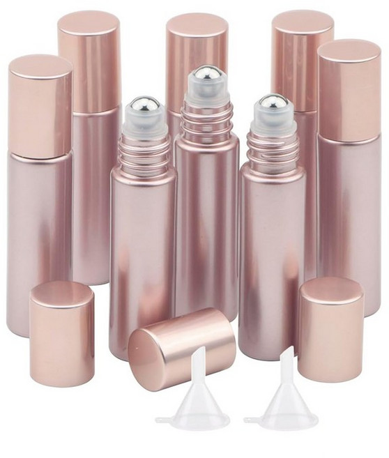 뉴졸 8Pcs 10ml 에센셜 오일 롤러 병 깔때기가 있는 바이알에 리필 가능한 롤 13온스 향수 아로마테라피 액체용 스테인리스 스틸 볼이 소형 유리 용기 매트 로즈 골드, 1_Matte Rose Gold
